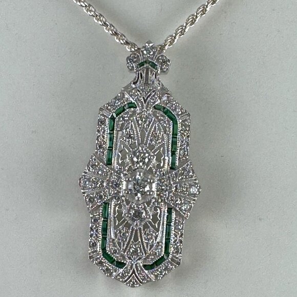 Roaring 20's Art Deco Reto Sterling Silver Lab Created Diamond & Emerald Pendant - Picture 2 of 13